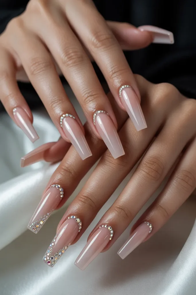 Coffin Shaped Nails with Rhinestones
