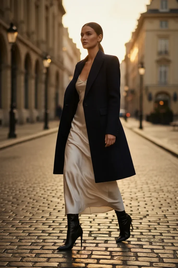 Wool Coat + Silk Slip Dress + Heeled Boots