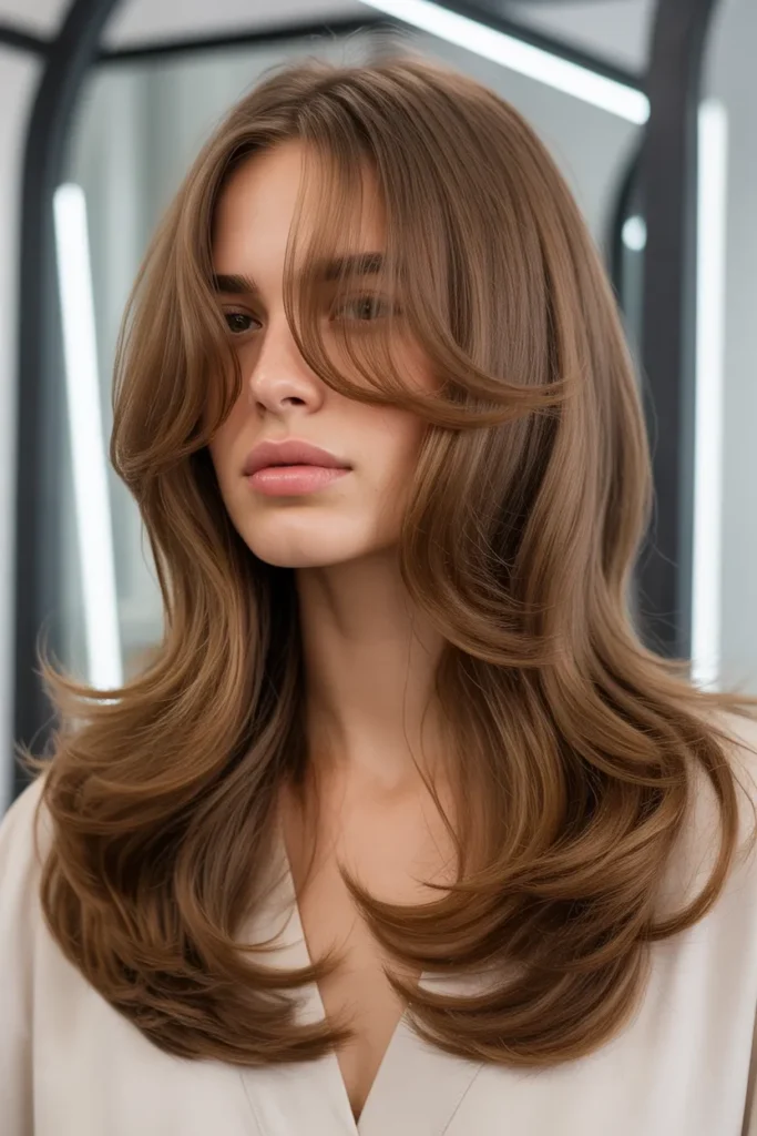 Layered Waves with Curtain Bangs