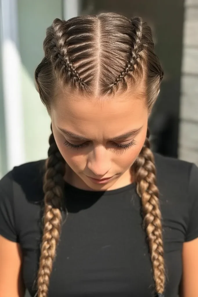 Double French Braids with a Middle Part
