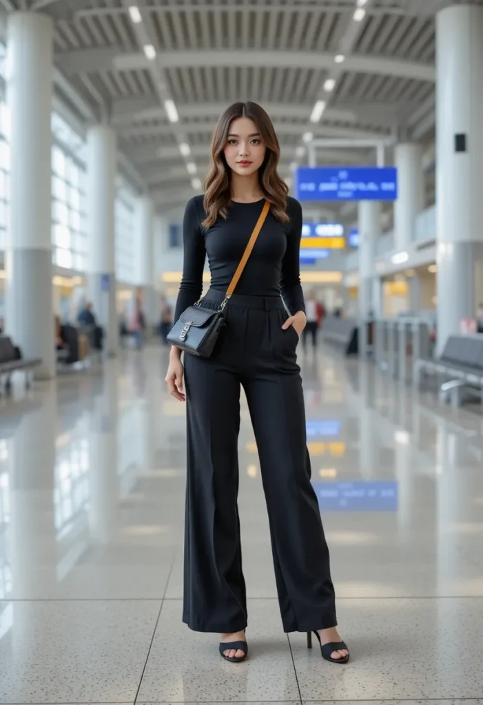 Black Bodysuit + Wide-Leg Pants women airport outfits