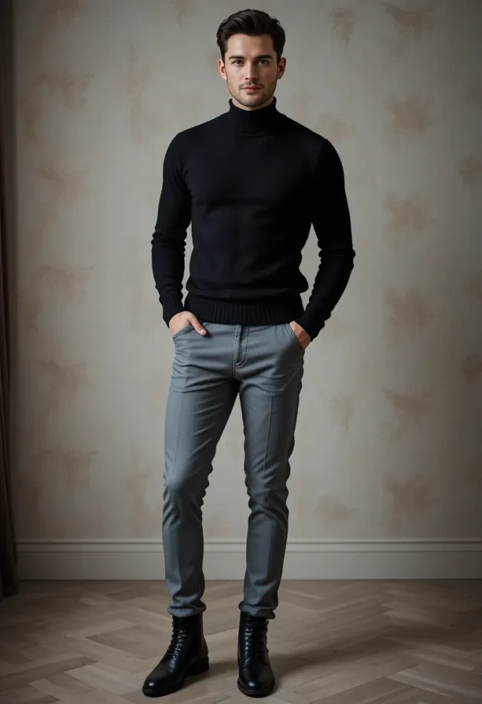Black Mock Neck Sweater + Slim Trousers Men's valentine's day outfits