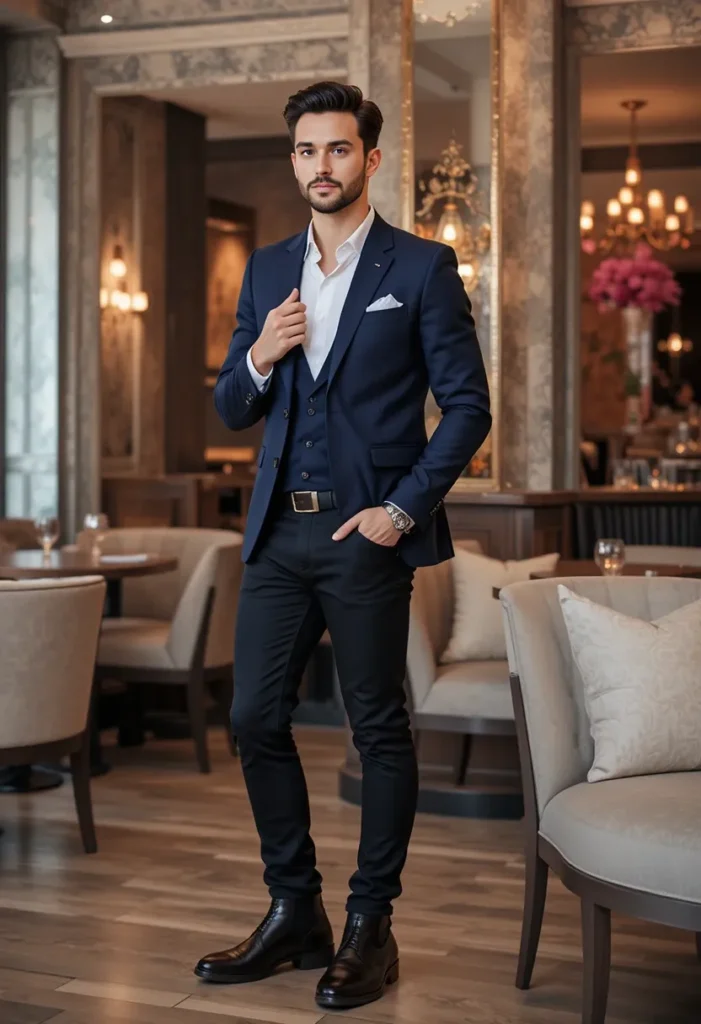 Blazer + Black Jeans + Chelsea Boots Men's Valentine's day outfits