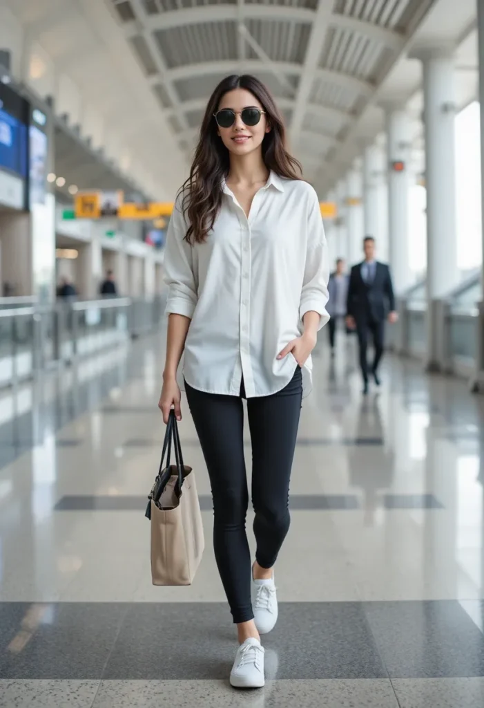 Button-Down Shirt + Leggings women airport outfits