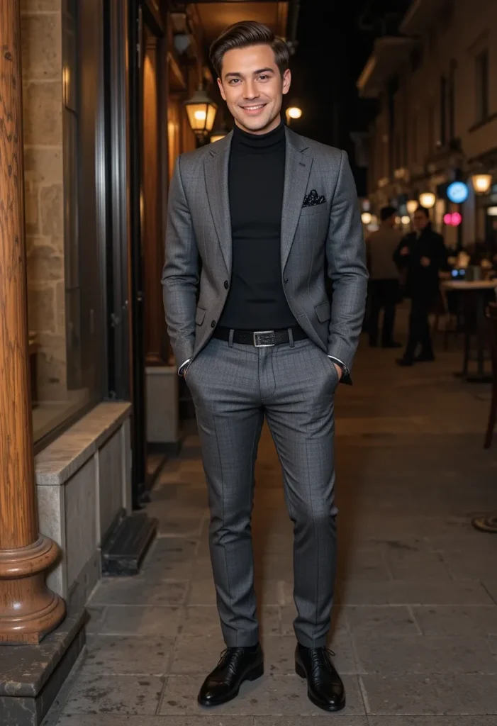 Charcoal Gray Suit and Turtleneck Men's Valentine Day Outfits