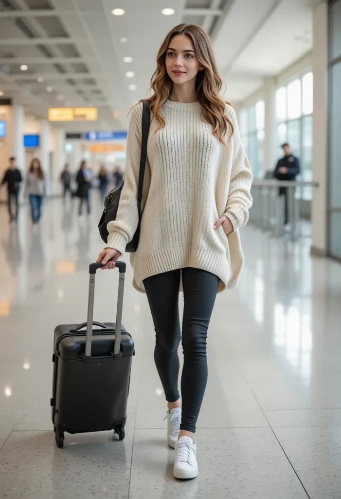 Classic Leggings + Oversized Sweater Women Airport Outfits