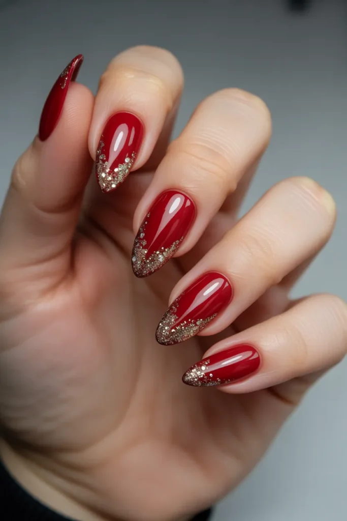 Classic Red and Gold Glitter Almond Nails
