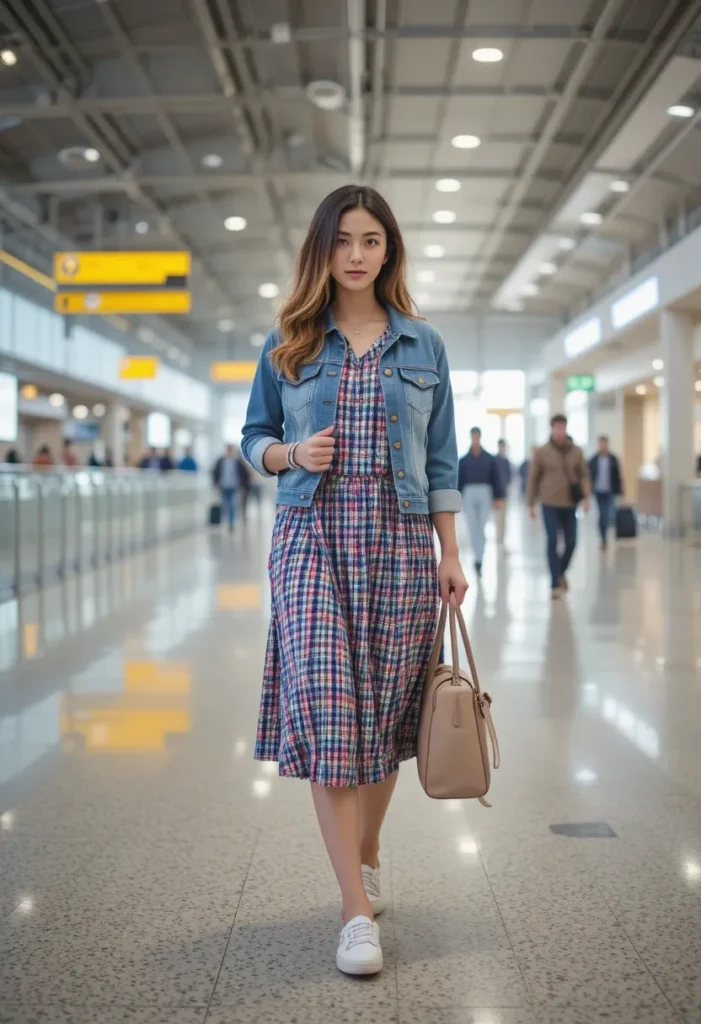 Denim Jacket + Basic Dress Women airport outfits