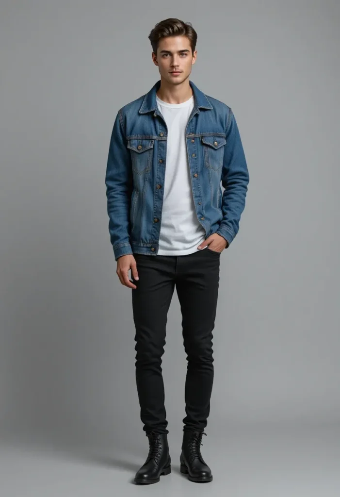 Denim Jacket + White Shirt + Black Jeans
