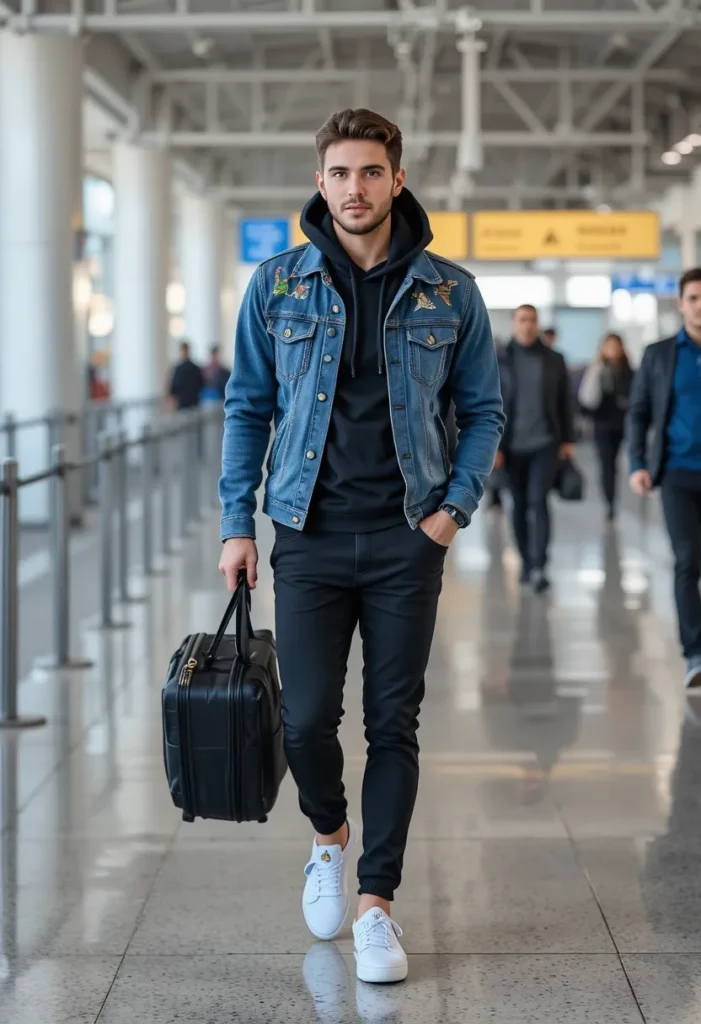 Hoodie + Denim Jacket + Slim Pants Men Airport Outfits