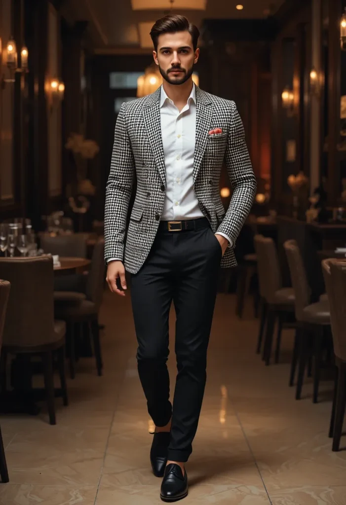 Houndstooth Blazer + Black Trousers