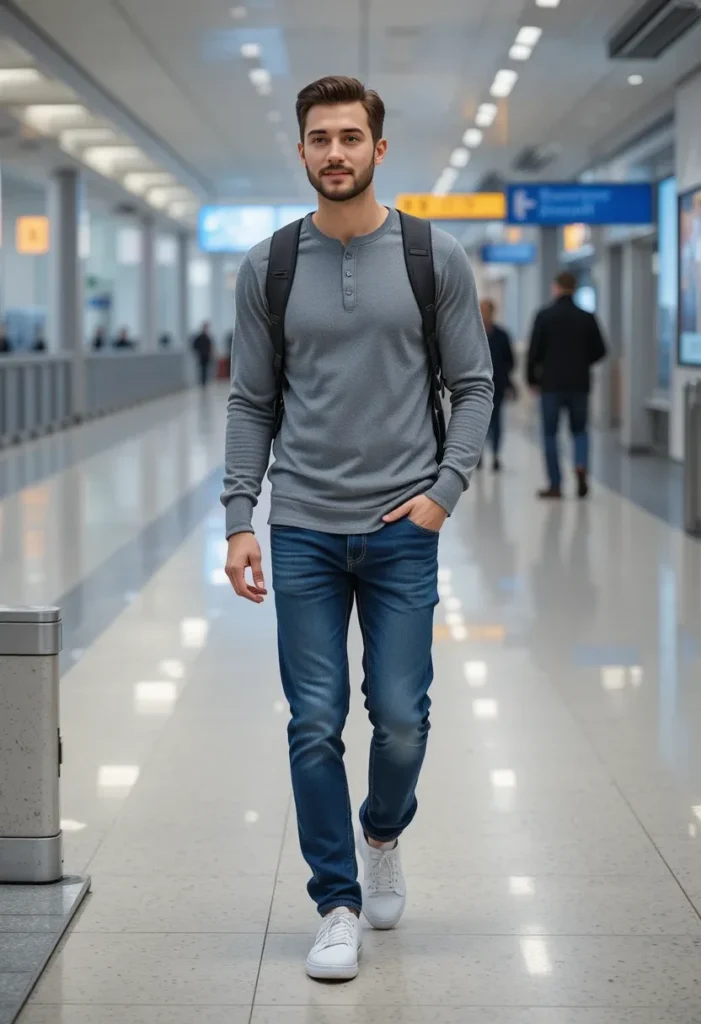 Long-Sleeve Henley + Jeans + Sneakers