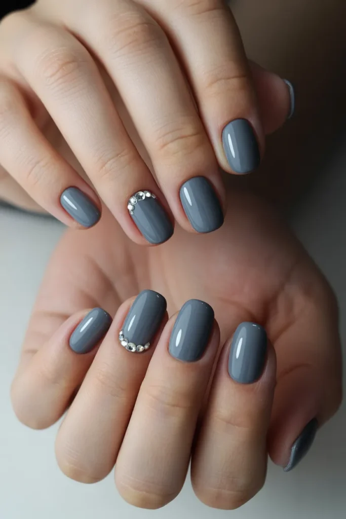 Matte Grey with Rhinestones Nail designs