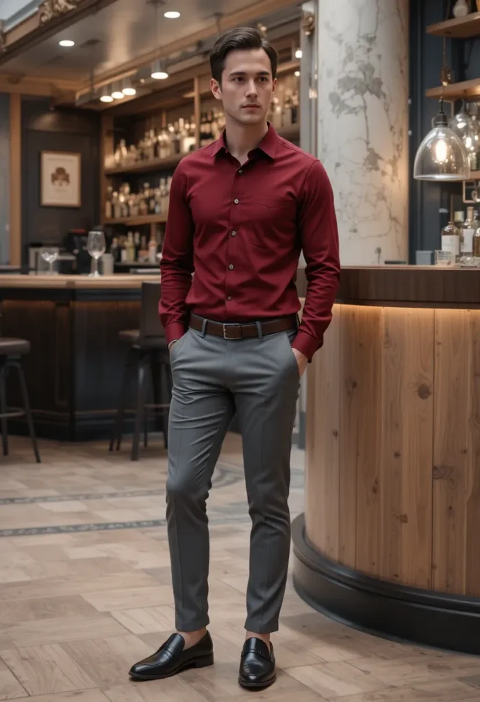 Red Shirt + Gray Pants Men valentine outfits