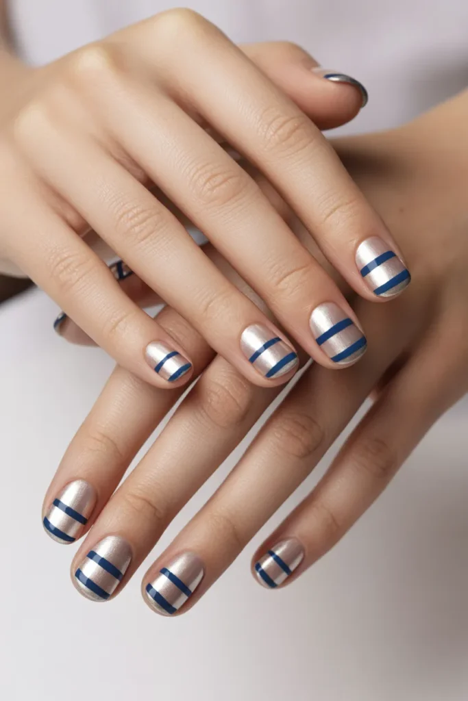 Silver and Navy Stripes nails design