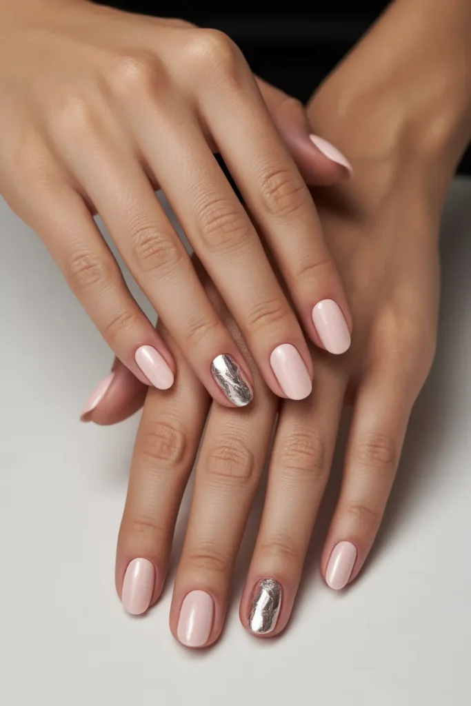 Soft Pink and Silver Foil Nail designs