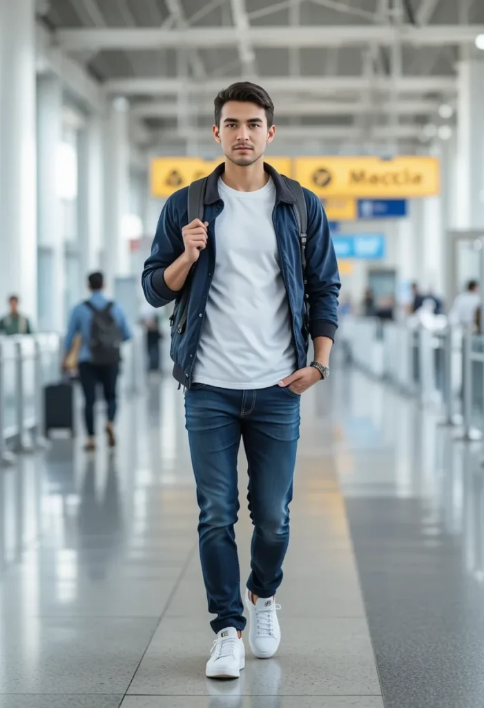 T-Shirt + Lightweight Jacket + Jeans Men airport outfits