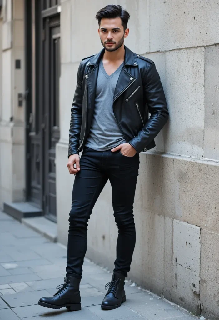 V-Neck T-Shirt + Leather Jacket
