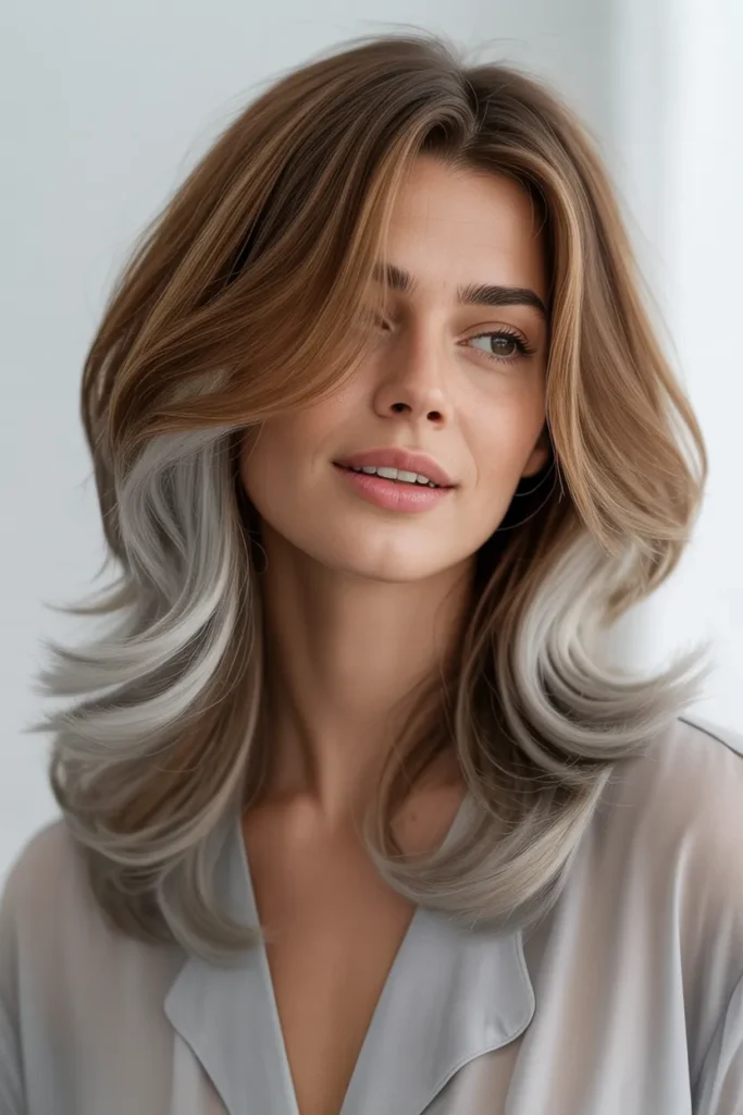 Warm Brown Layers with Icy Silver Tips