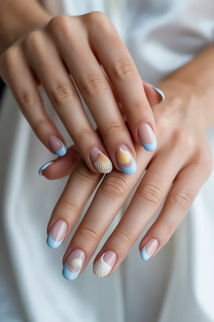 Blue French Tips with Seashells