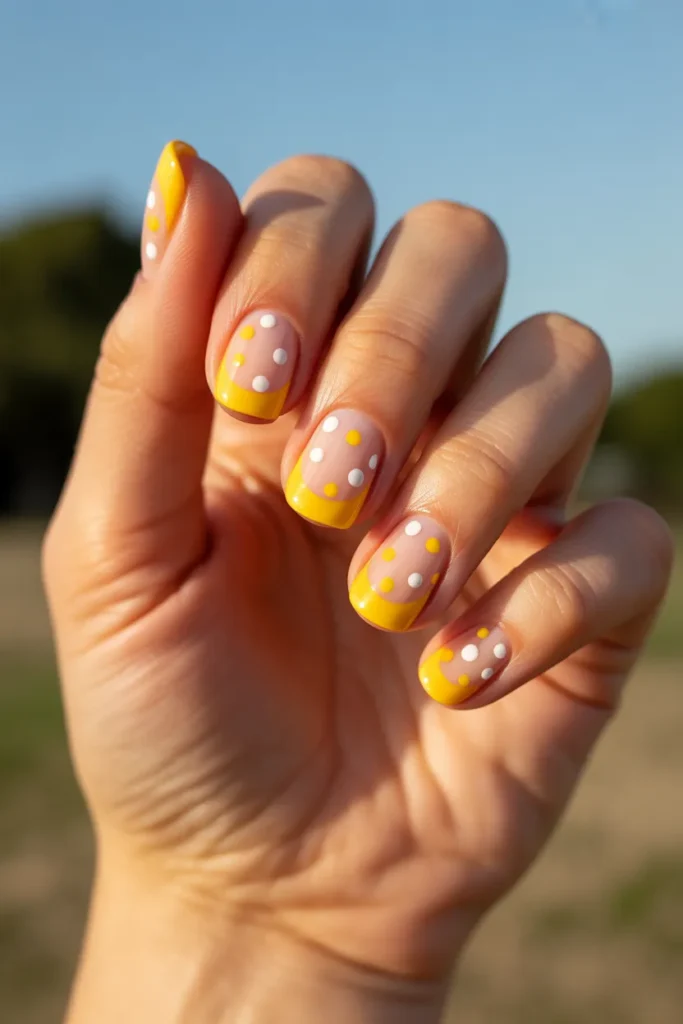 Yellow French Tips with Polka Dots