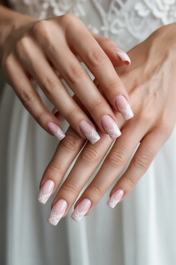 Soft Pink Tips with Delicate Lace Design