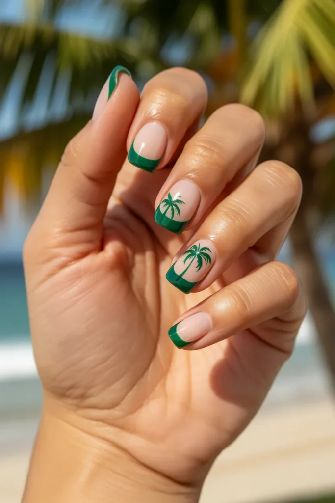 Green French Tips with Palm Tree Detailing