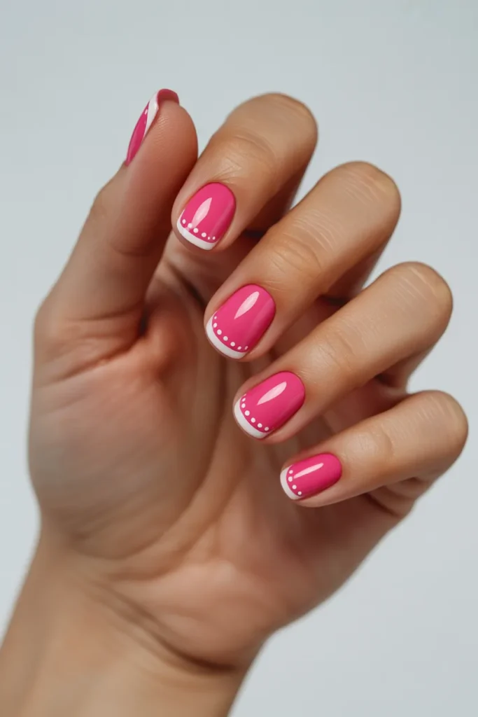 Hot Pink French Tips with Dotted Lines