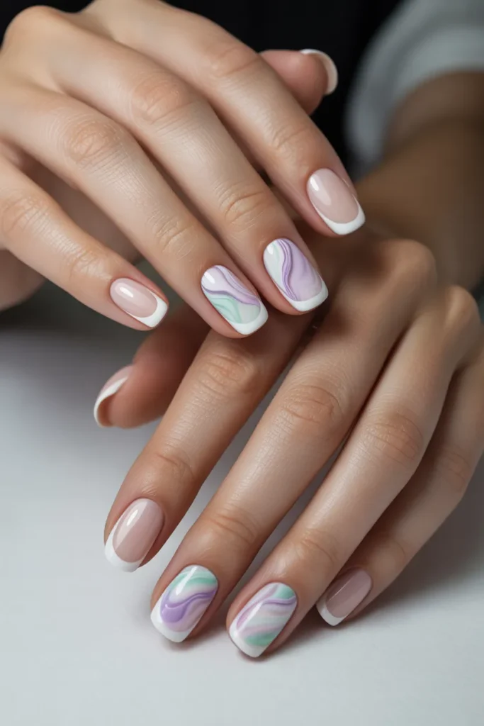 White French Tips with Pastel Marble Accents