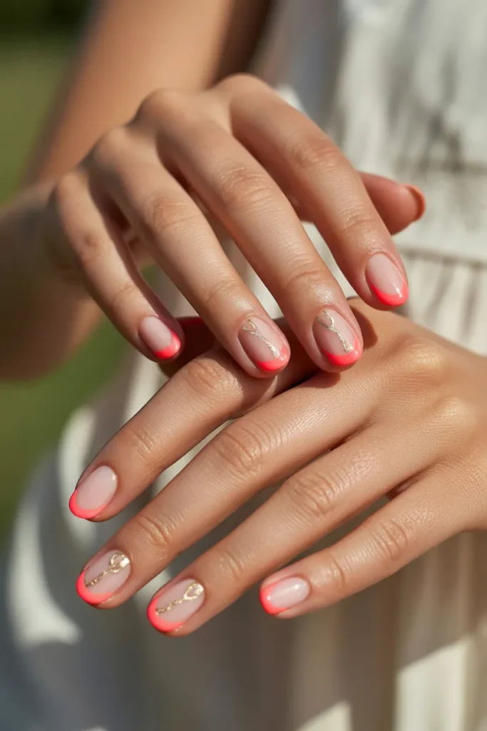 Coral Pink French Tips with Gold Details