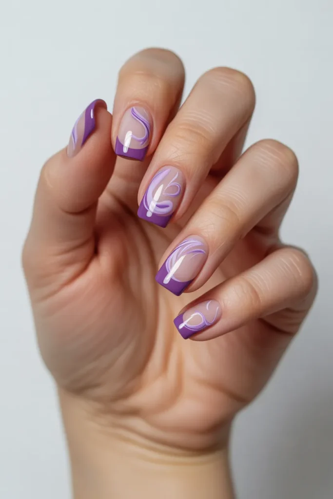 Purple French Tips with Lavender Swirls