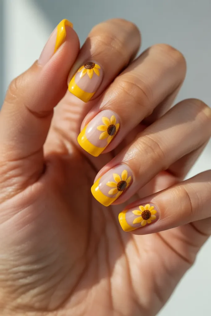 Yellow French Tips with Sunflower Art