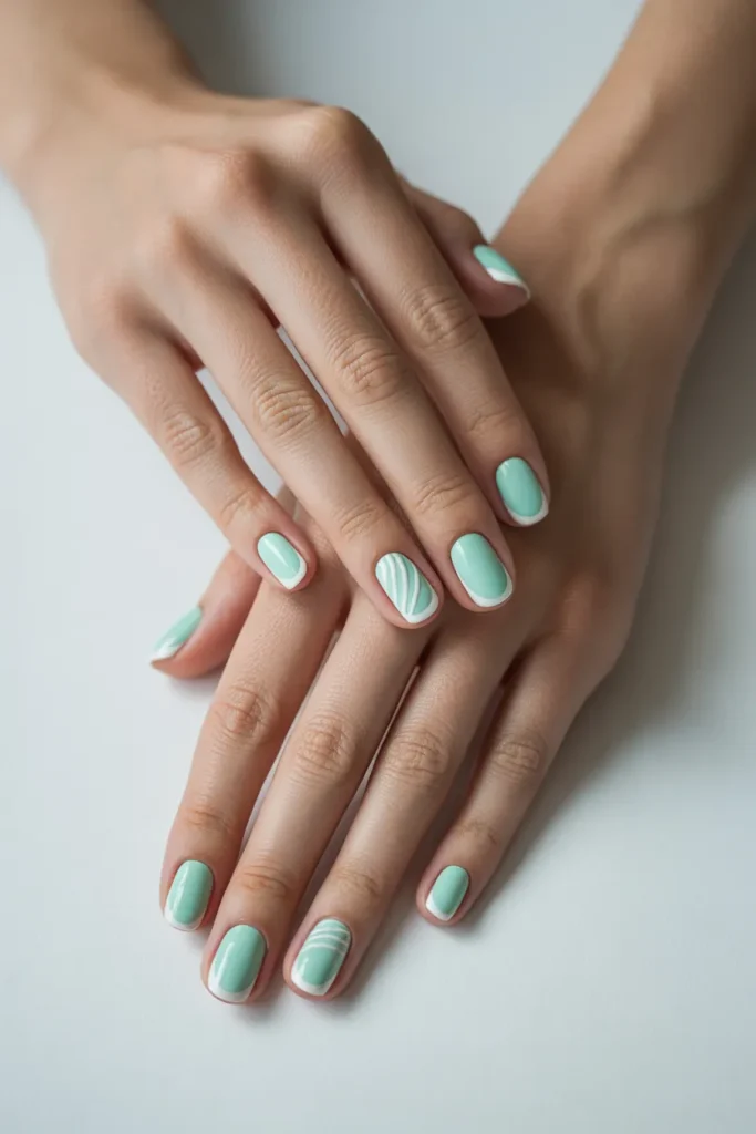 Mint Green French Tips with White Stripes
