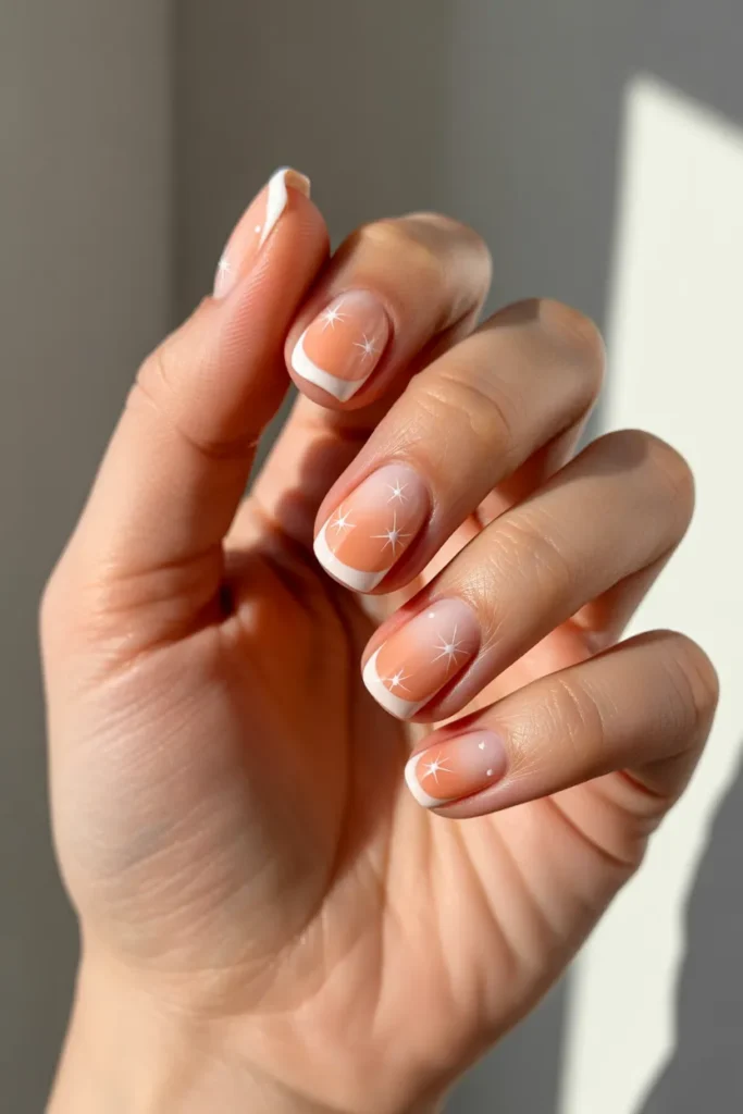 Peach French Tips with Small Star Details