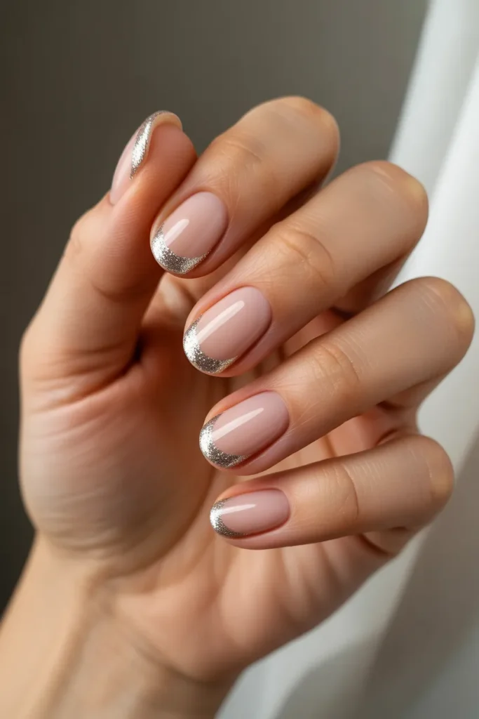 Silver Glitter Tips with Nude Base