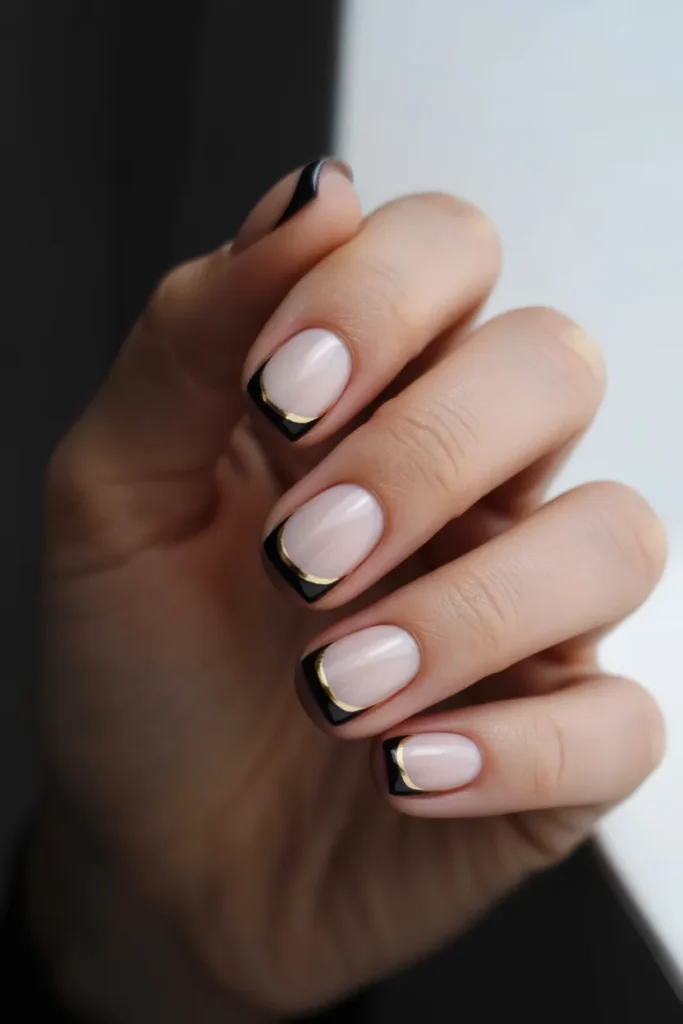 Black and White French Tips with Thin Gold Line
