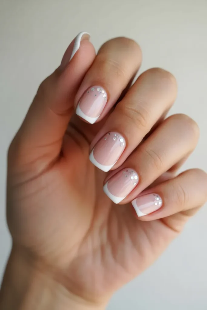 Pink and White French Tips with Glitter Dots