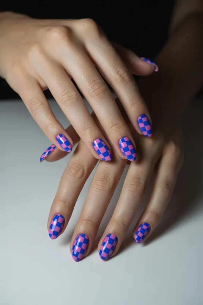 Bright Blue and Pink Checkerboard Nails
