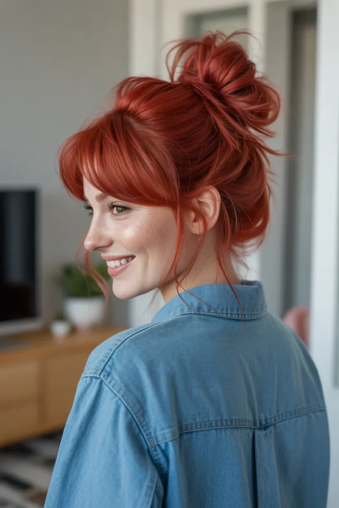 Bright Red Messy Bun