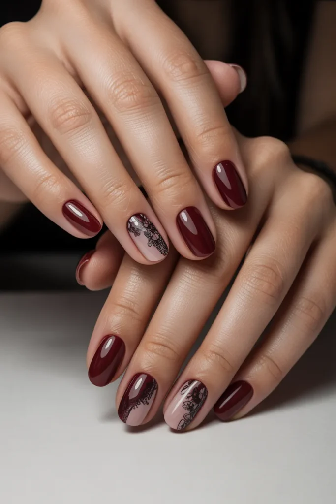 Burgundy with Black Lace Detail