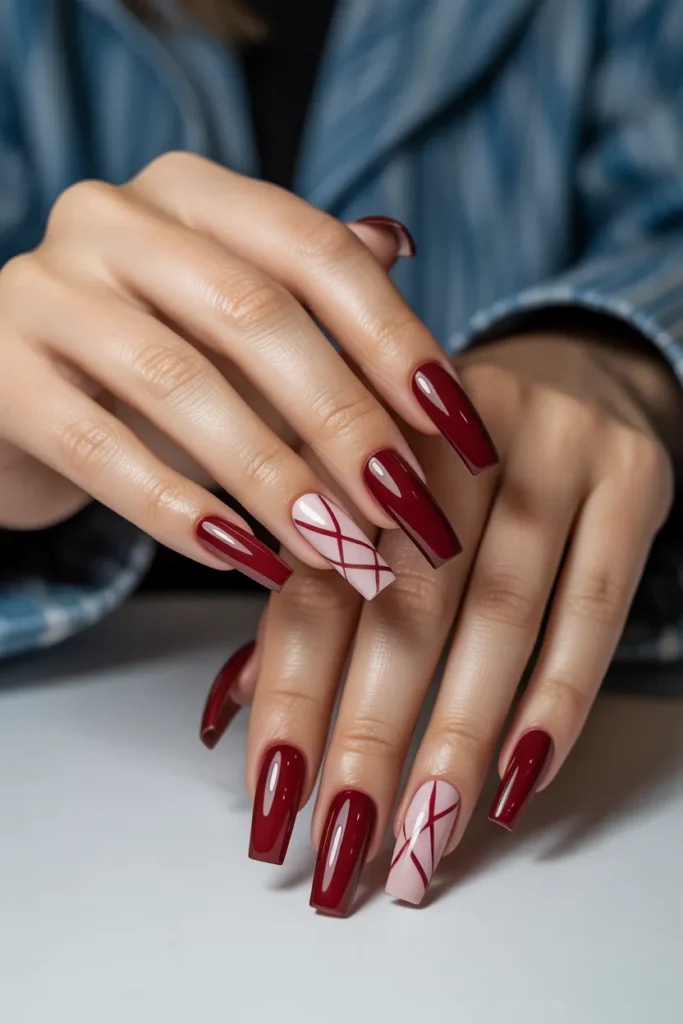 Burgundy with Geometric Nail Art