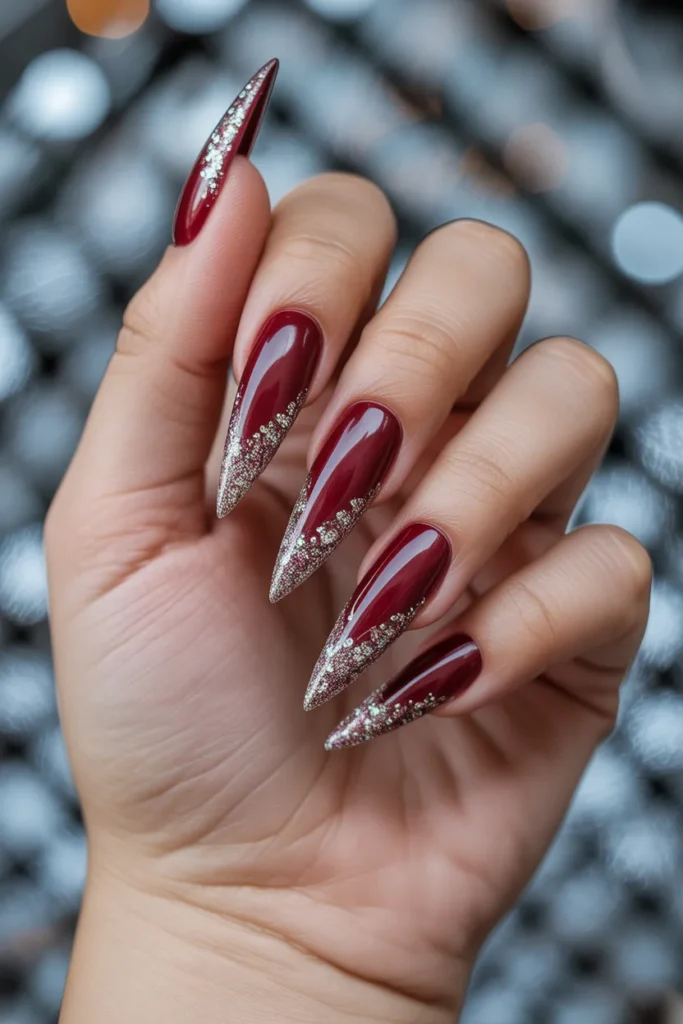 Burgundy with Gradient Glitter Tips