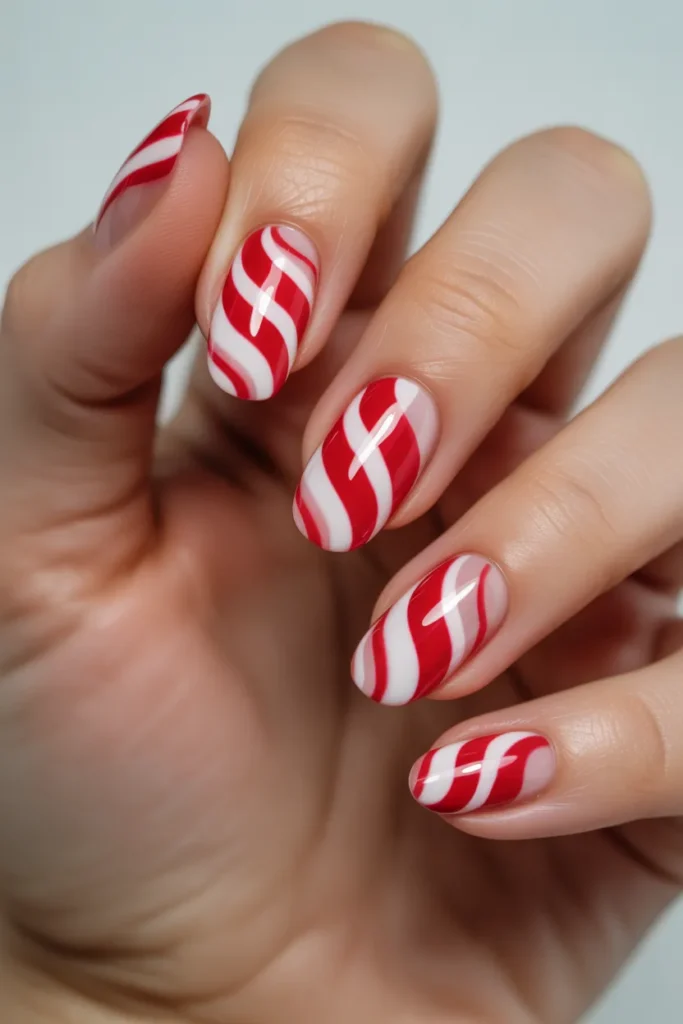 Candy Cane Swirl Almond Nails