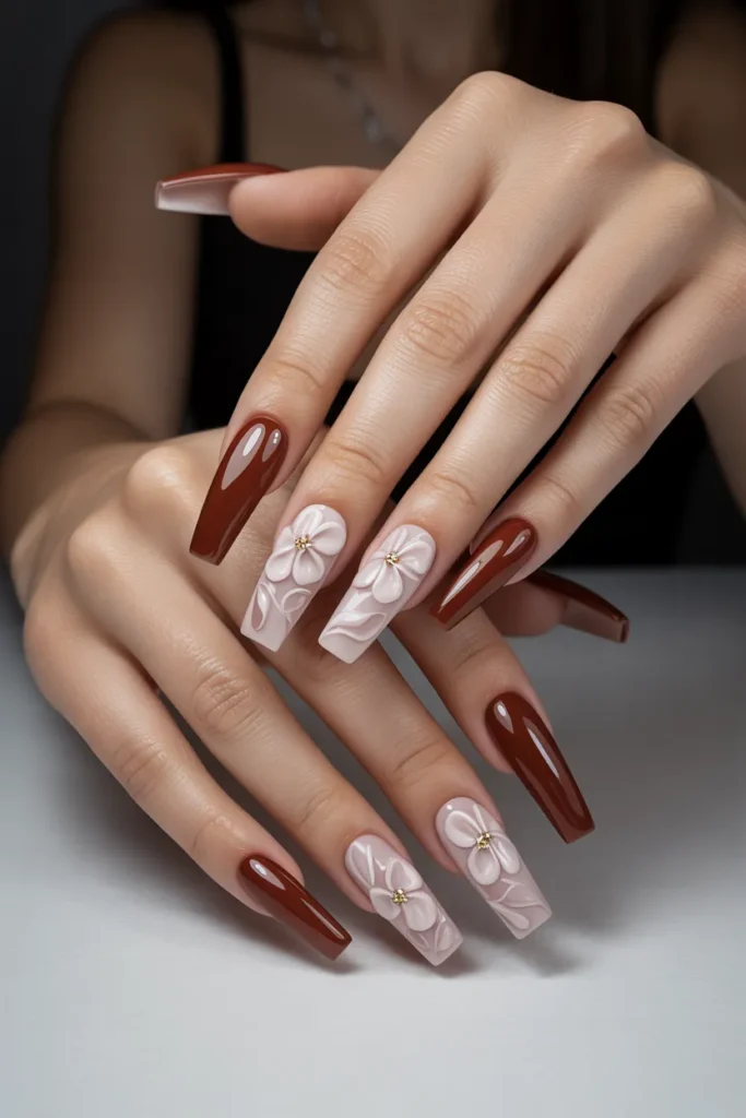 Cherry Brown with 3D Floral Accents