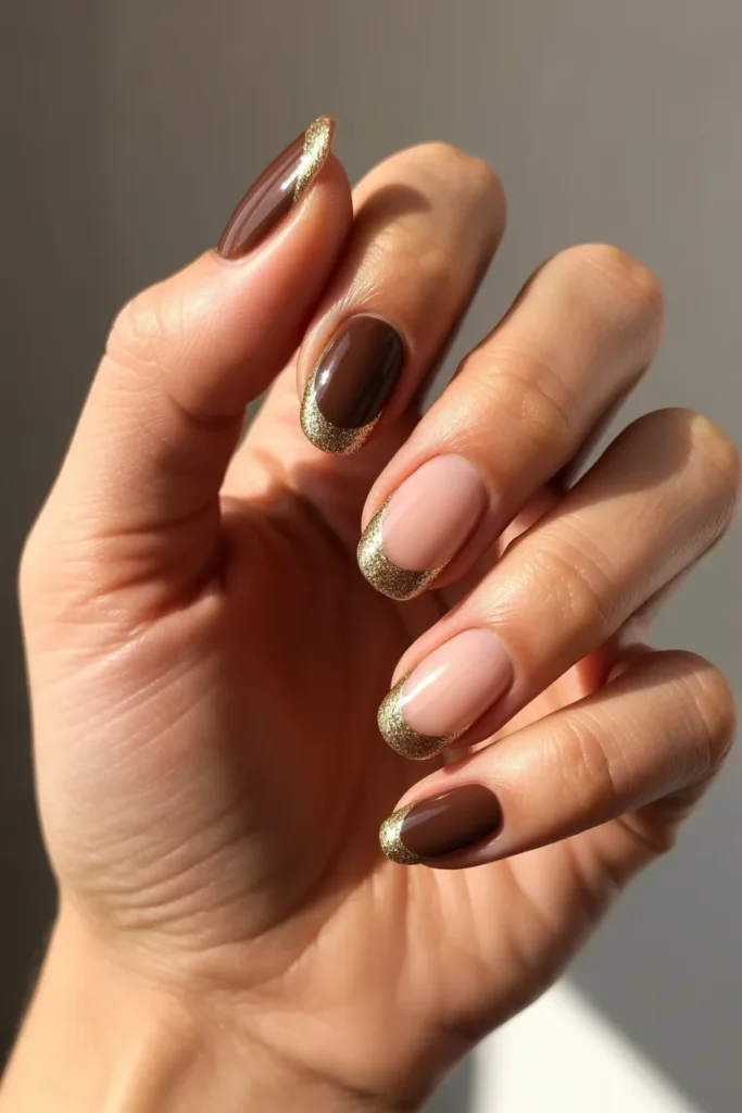 Chocolate Brown with Gold Glitter Tips