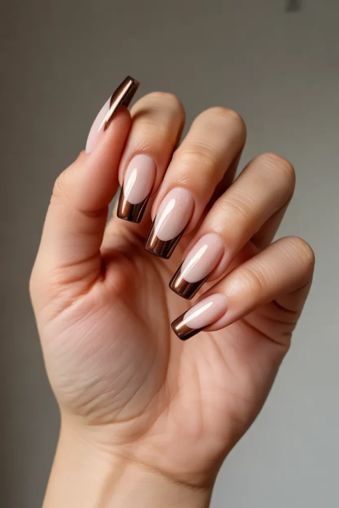 Chocolate Brown with Metallic French Tips