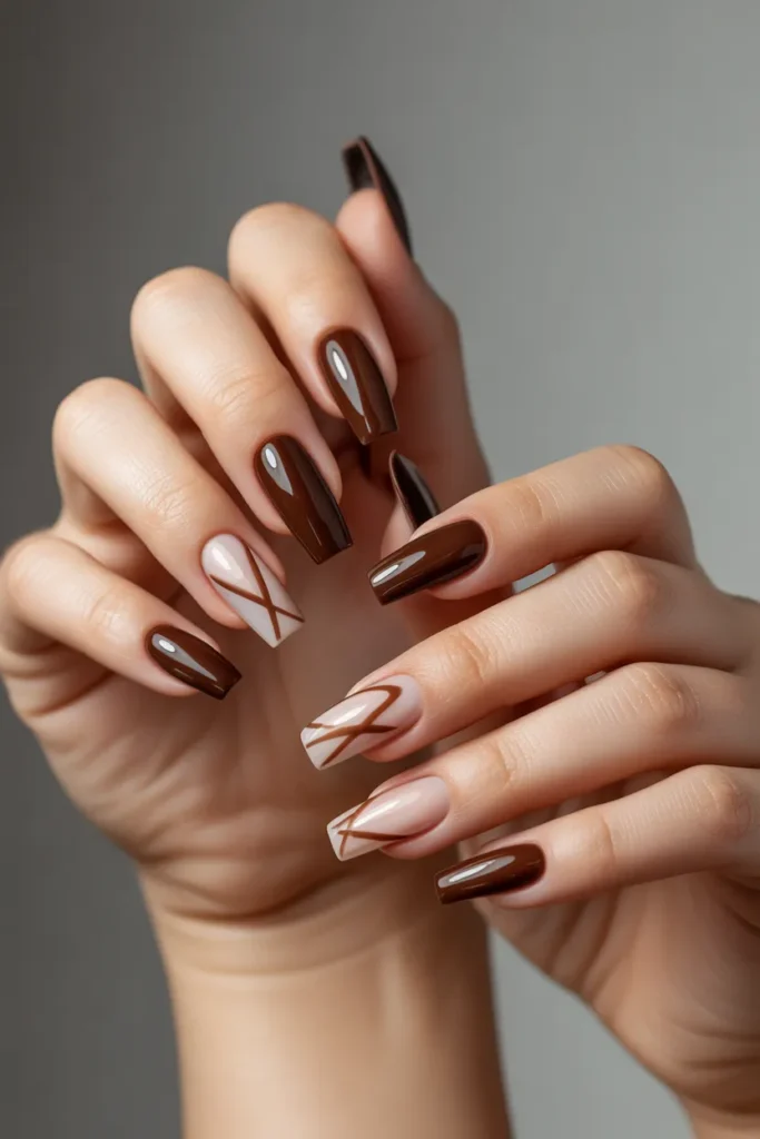 Chocolate Brown with Negative Space Geometric Shapes