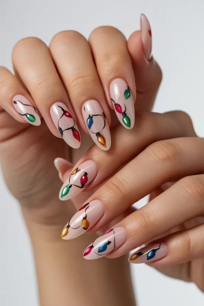 Christmas Lights Almond Nails