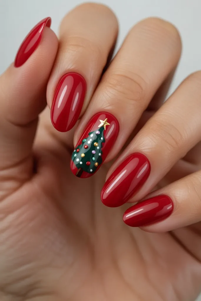 Christmas Tree Accent Almond Nails