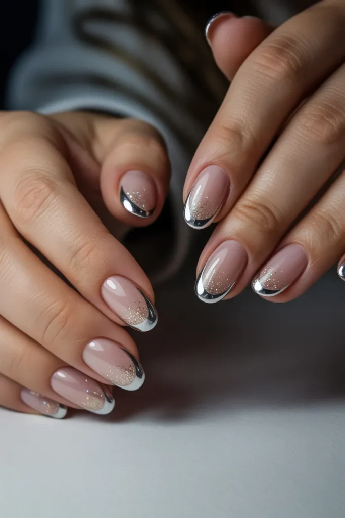 Chrome French Tips with Glitter Fade